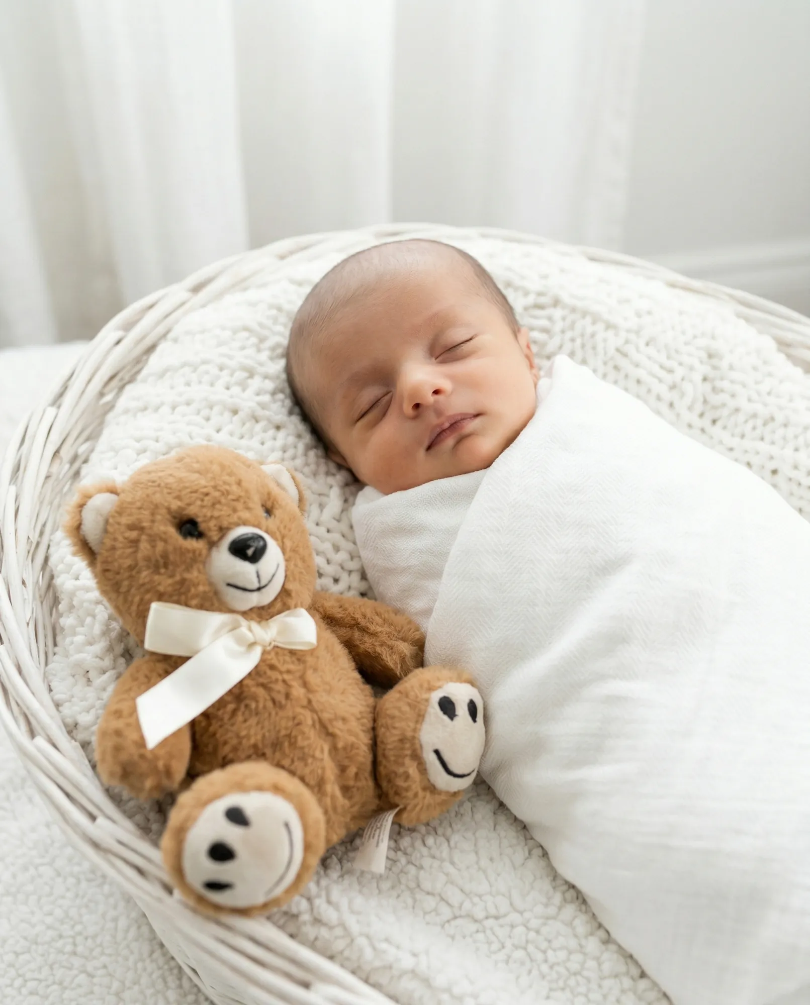 Newborn asleep in a basket beside a teddy bear